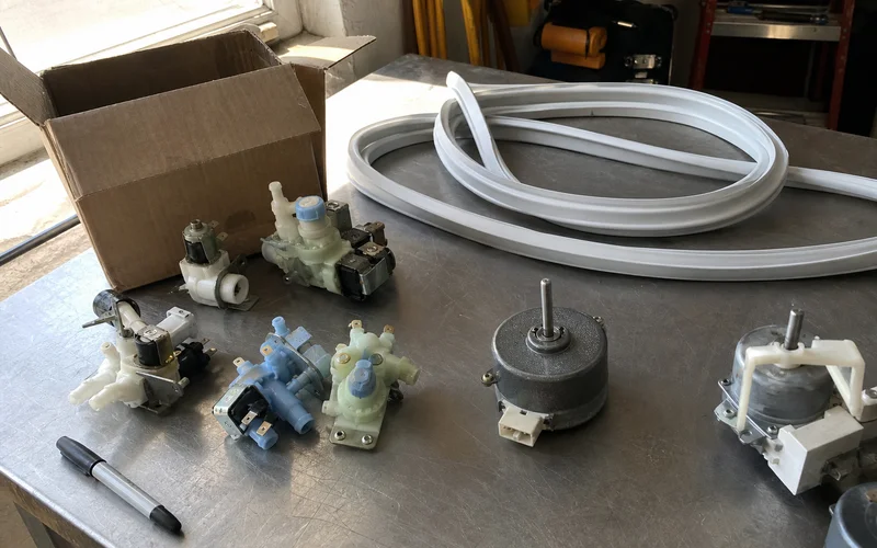 Assorted refrigeration parts on a workbench including solenoids, gaskets, and fan motors