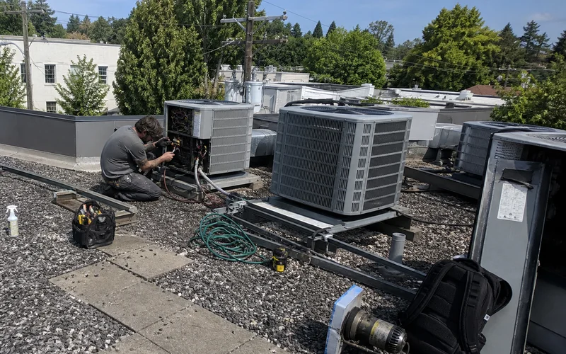 Clean, well-maintained rooftop refrigeration condensing units