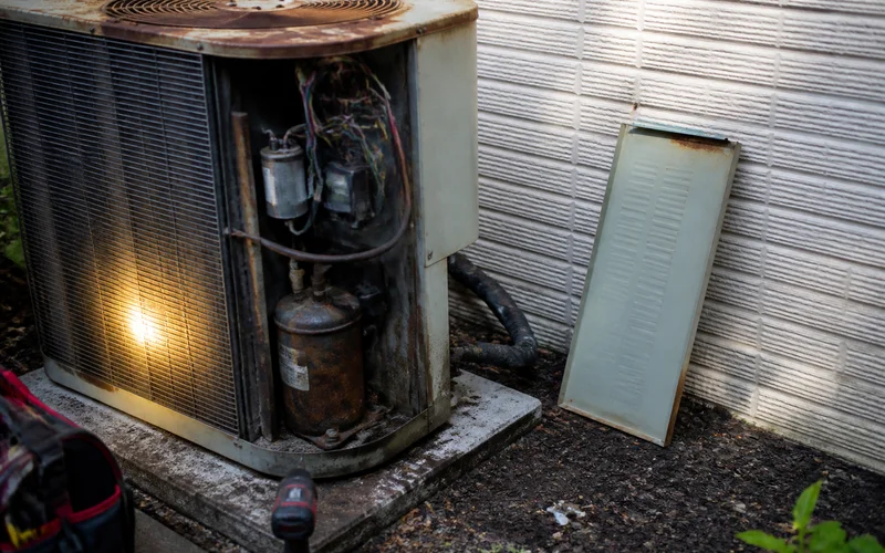 Corroded condensing unit and worn refrigerant lines found during an inspection