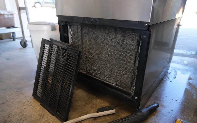 Clogged air-cooled condenser on a commercial ice machine before cleaning