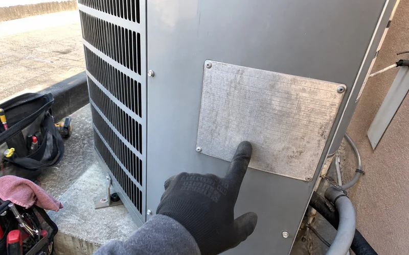 Equipment data plate showing refrigerant type and charge weight