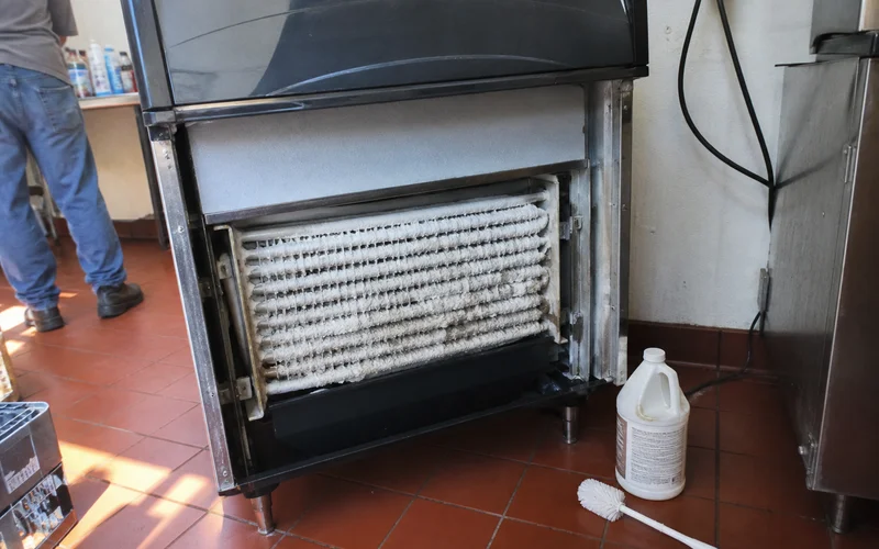 Heavy scale buildup on a commercial ice machine evaporator grid
