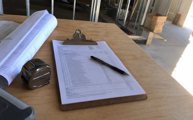 Itemized refrigeration project quote beside construction drawings
