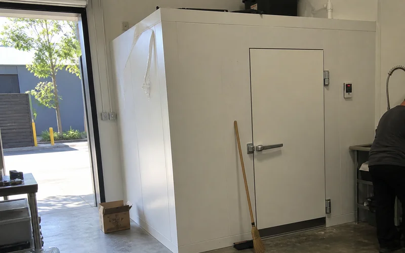 Newly built commercial walk-in freezer with finished panels and heated door