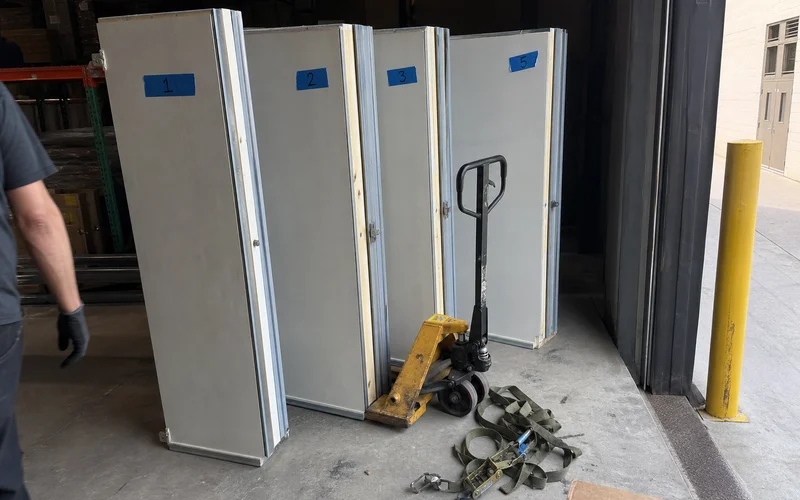 Numbered and labeled walk-in cooler panels staged on a loading dock for transport