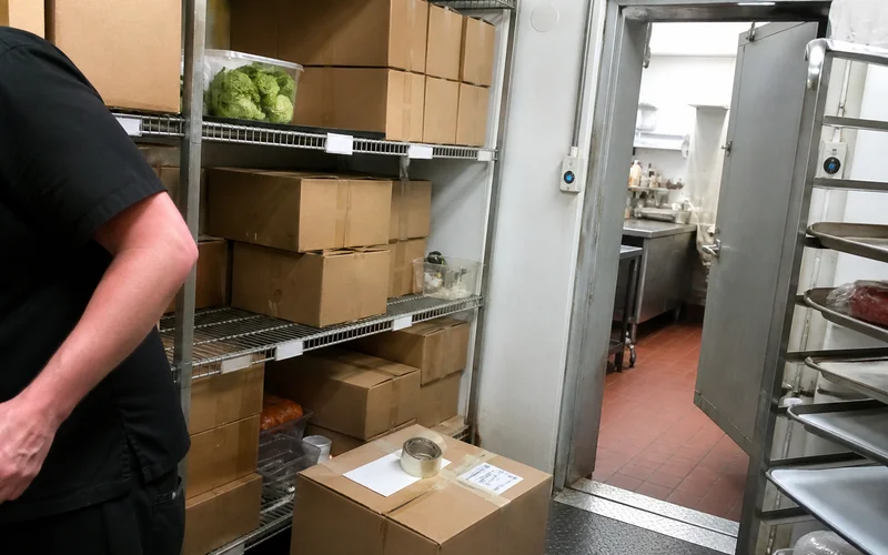 Organized walk-in cooler interior with labeled shelving and stacked product cases