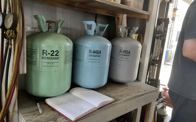 Refrigerant cylinders showing R-22 and lower-GWP alternatives