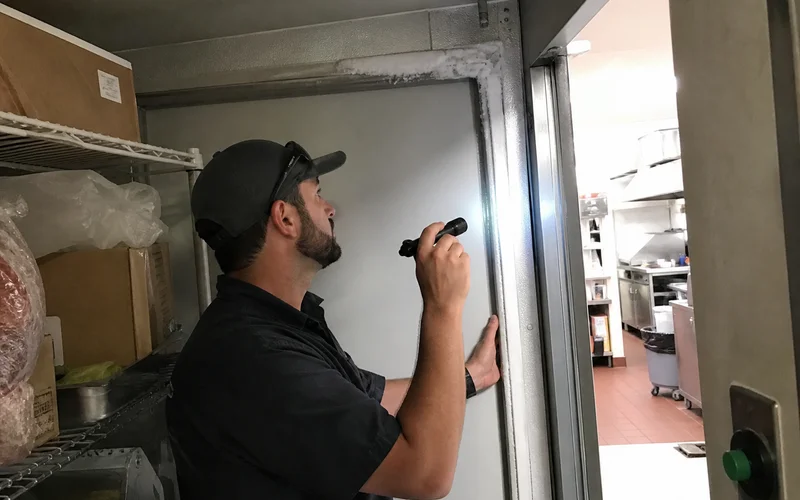 Technician checking a walk-in freezer door gasket seal during a summer maintenance visit