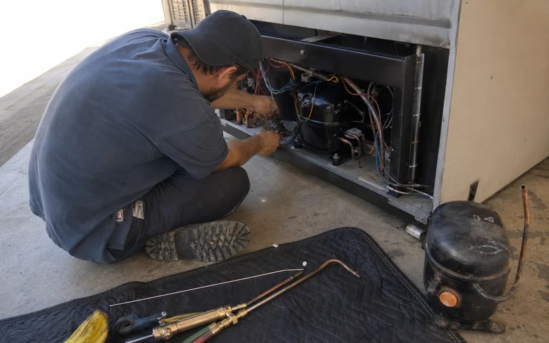 Technician installing a replacement compressor during a labor-intensive repair