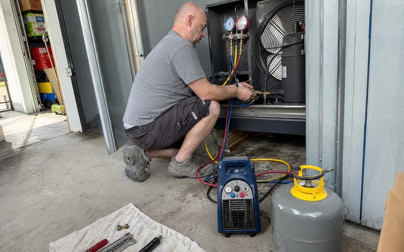 Technician recovering refrigerant from a condensing unit before dismantling