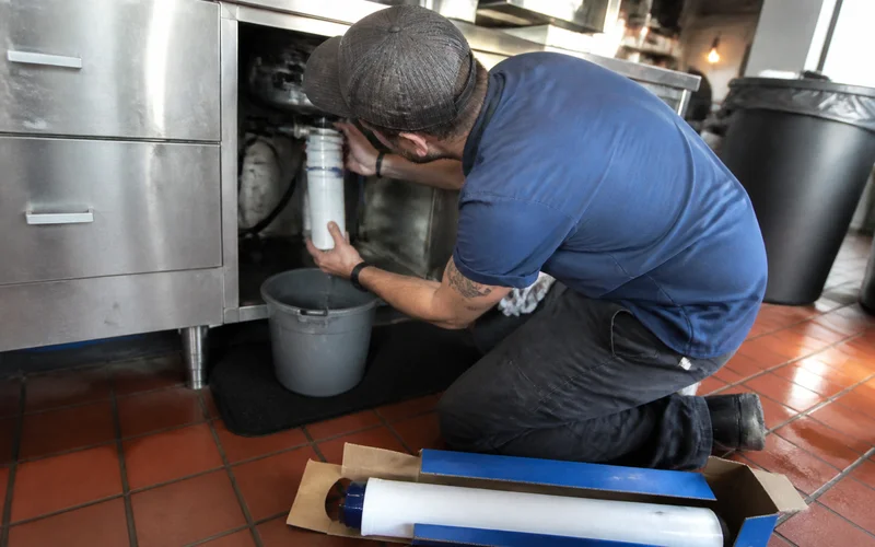 Technician replacing a spent ice machine water filter cartridge
