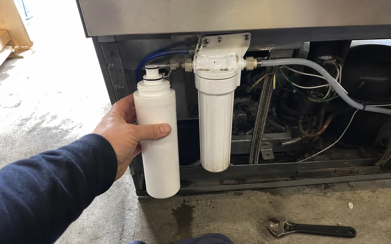 Water filter cartridge compared against a commercial ice machine supply line