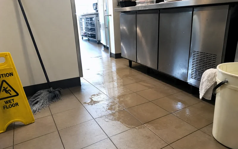 Water pooling beneath a commercial refrigeration unit from a blocked condensate drain