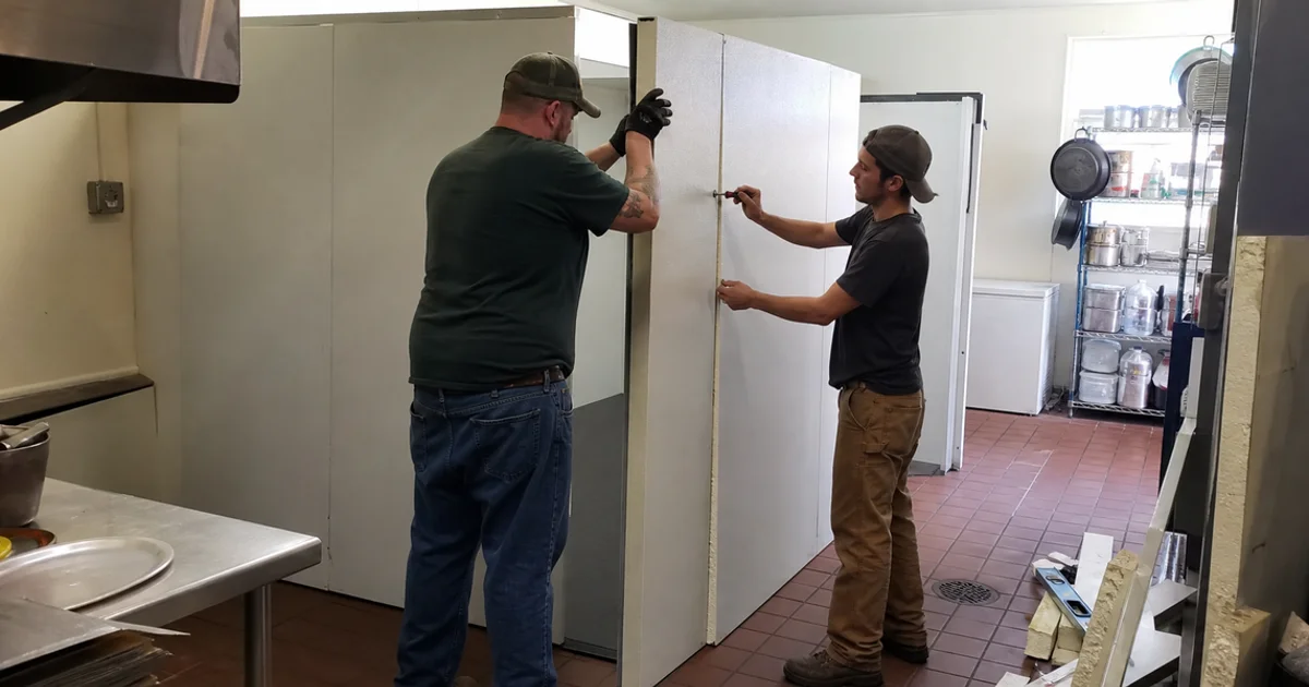Crew assembling cam-lock insulated panels for a new commercial walk-in cooler