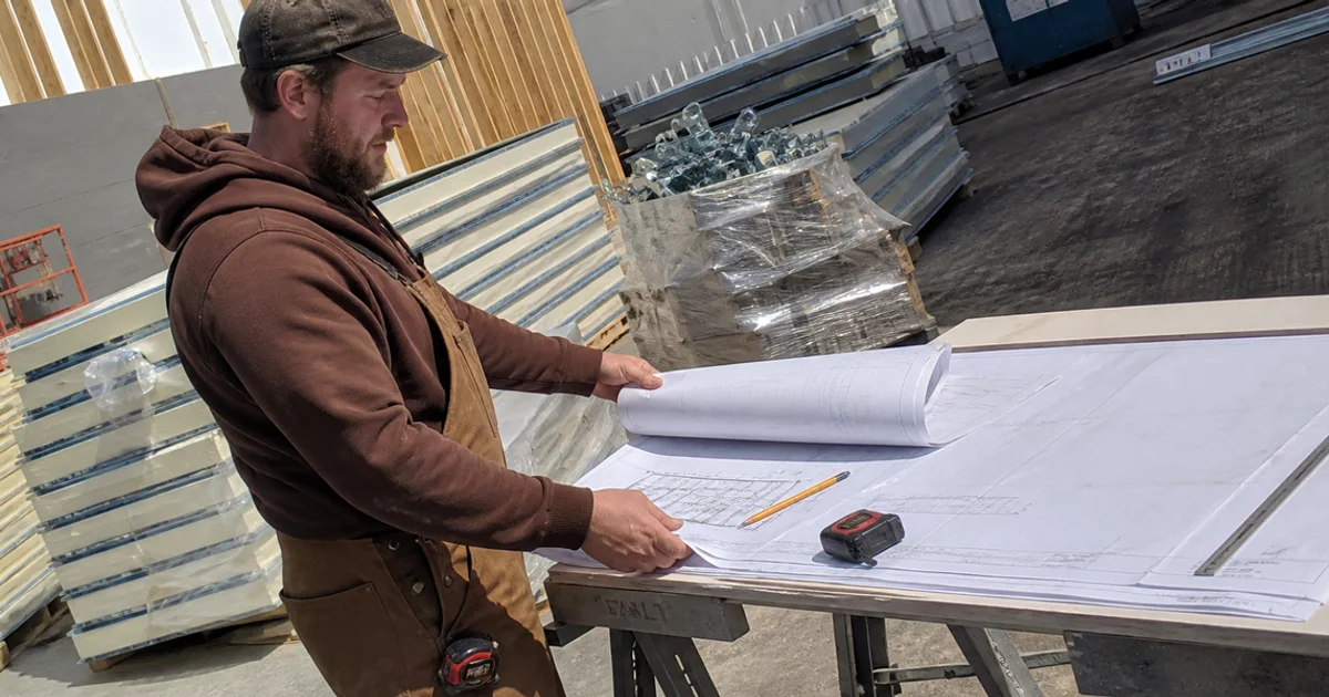 Contractor reviewing cold-storage construction plans on a Portland job site
