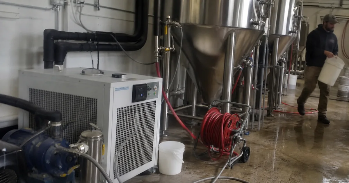 Glycol chiller and pump connected to fermentation tanks in a Portland brewery
