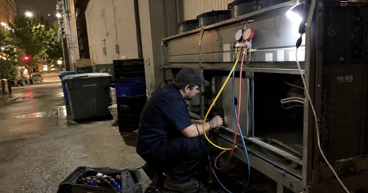 Technician working on a failed walk-in cooler condensing unit behind a Central Eastside Portland restaurant at night