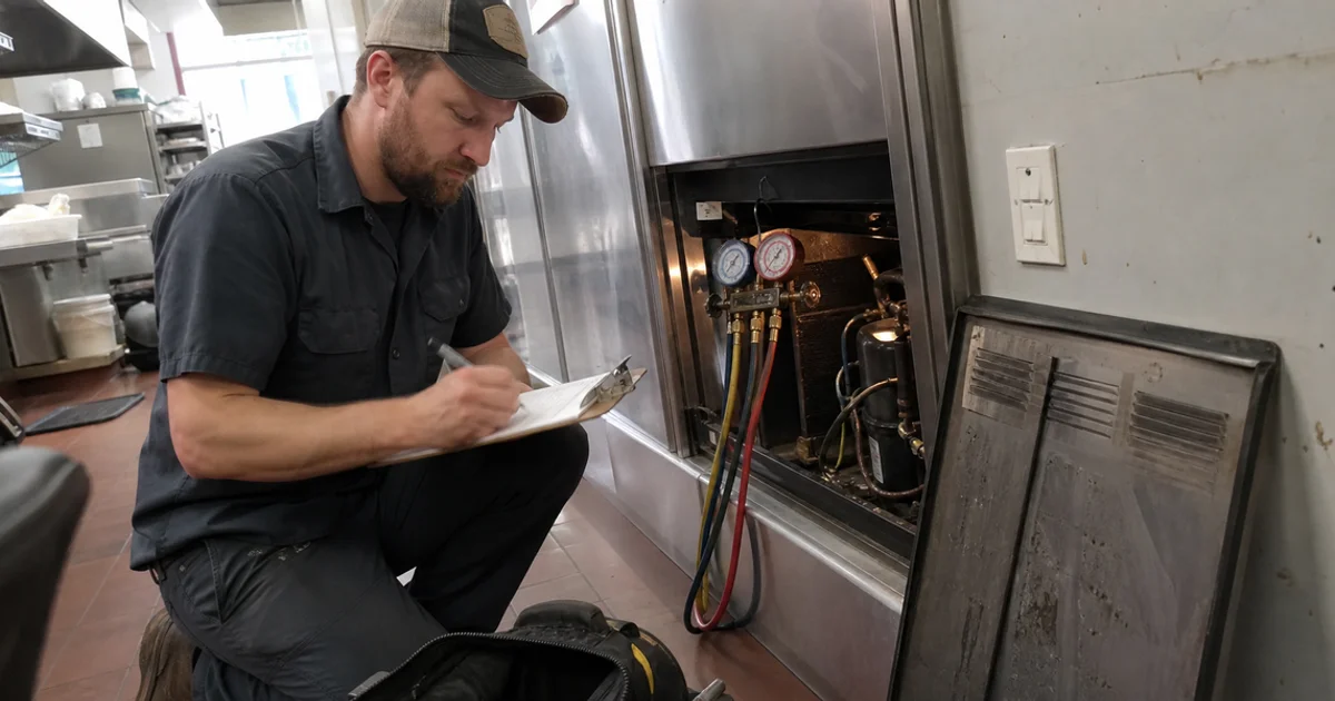 Technician writing a repair estimate beside an open commercial cooler