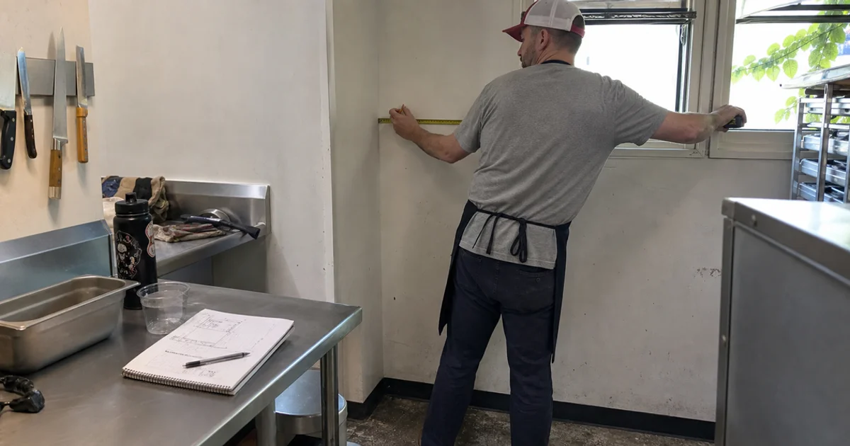 Restaurant owner measuring a back-of-house space for a new walk-in cooler