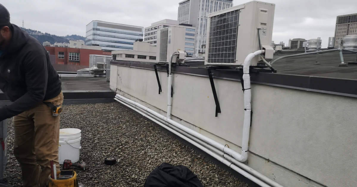 Rooftop remote condensing units serving a downtown Portland restaurant