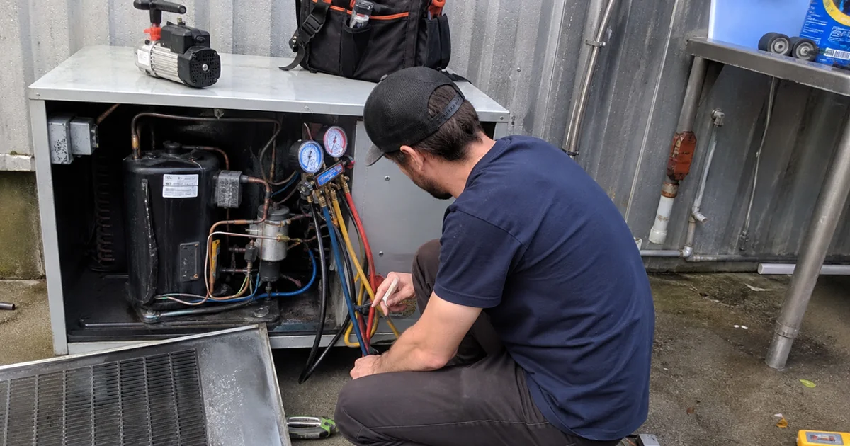 Technician checking the condenser on a warm walk-in cooler in a Portland commercial kitchen