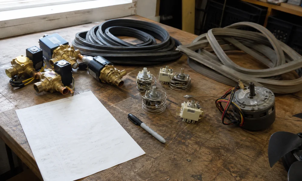 Assorted refrigeration parts on a workbench including solenoids, gaskets, fan motors, and controllers