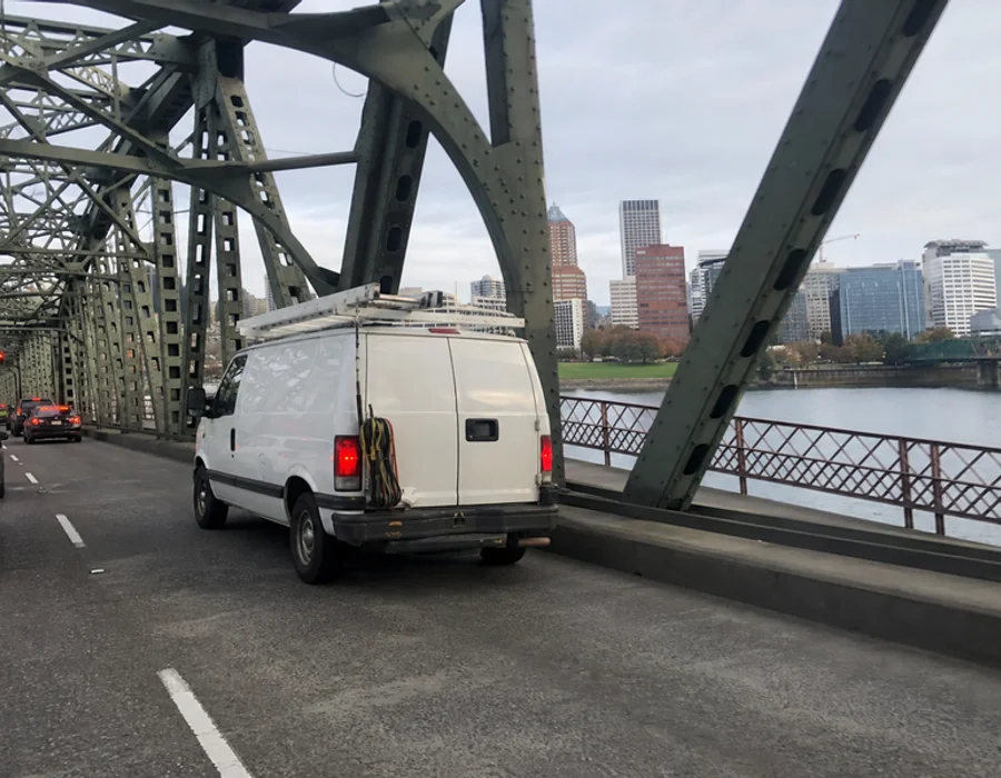 Commercial refrigeration service truck crossing the Willamette River in Portland
