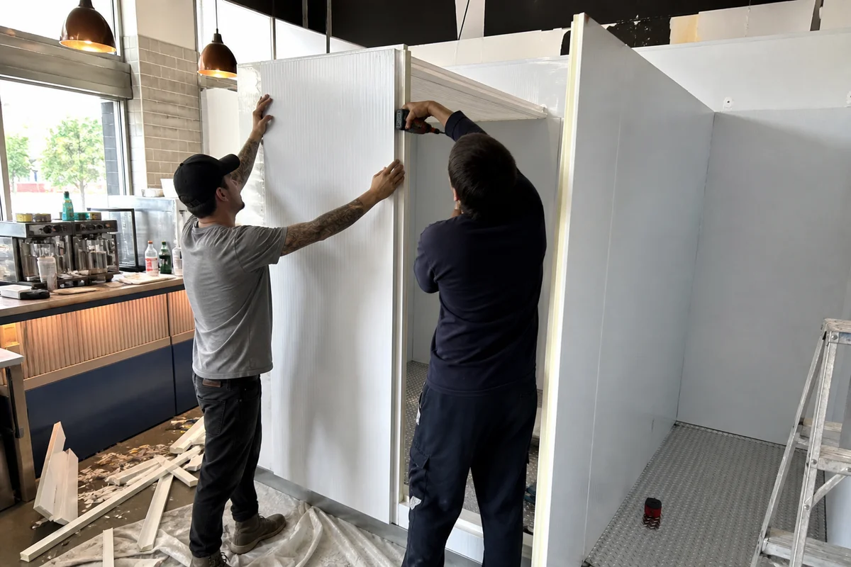 Crew fitting cam-lock insulated panels for a new commercial walk-in cooler during a Portland build-out