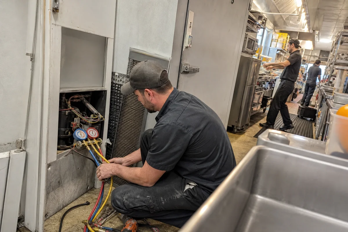 Technician diagnosing a walk-in cooler condensing unit with refrigeration gauges in a Portland restaurant
